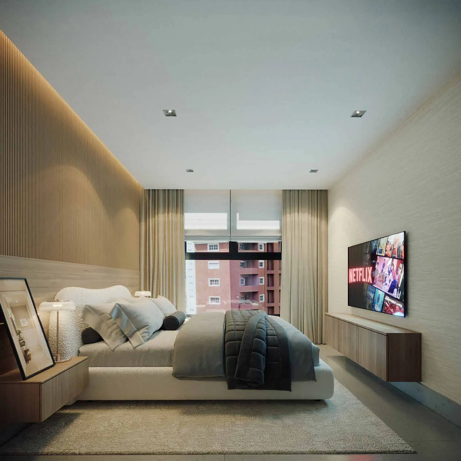 Dormitorio de un apartamento de Signature by Melcon, render con decoración de referencia