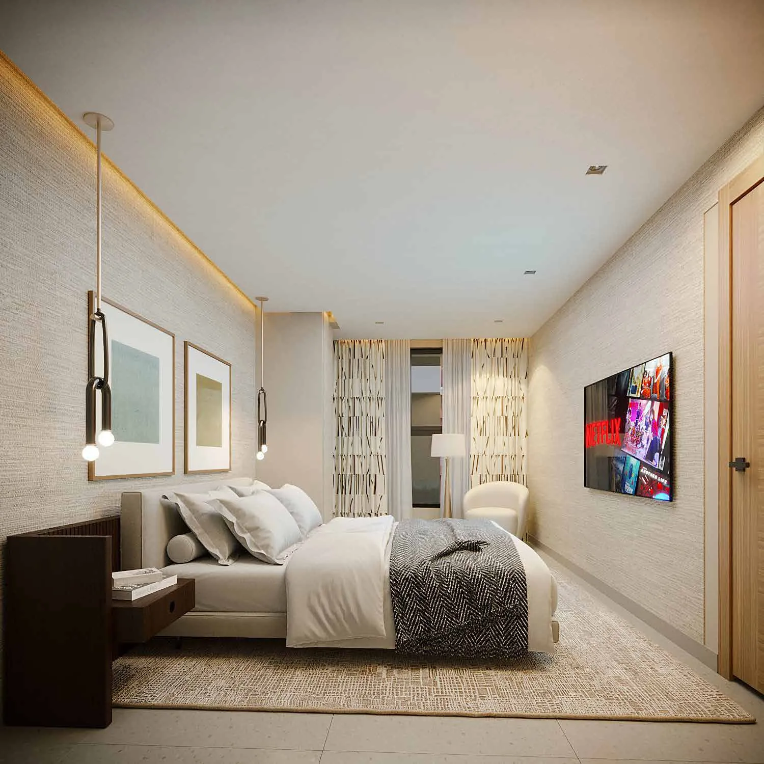 Dormitorio de un apartamento de Signature by Melcon, render con decoración de referencia