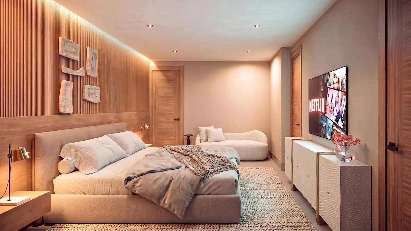 Dormitorio de un apartamento de Signature by Melcon, render con decoración de referencia