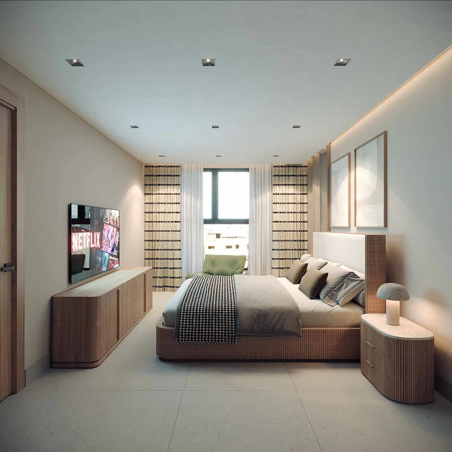 Dormitorio de un apartamento de Signature by Melcon, render con decoración de referencia
