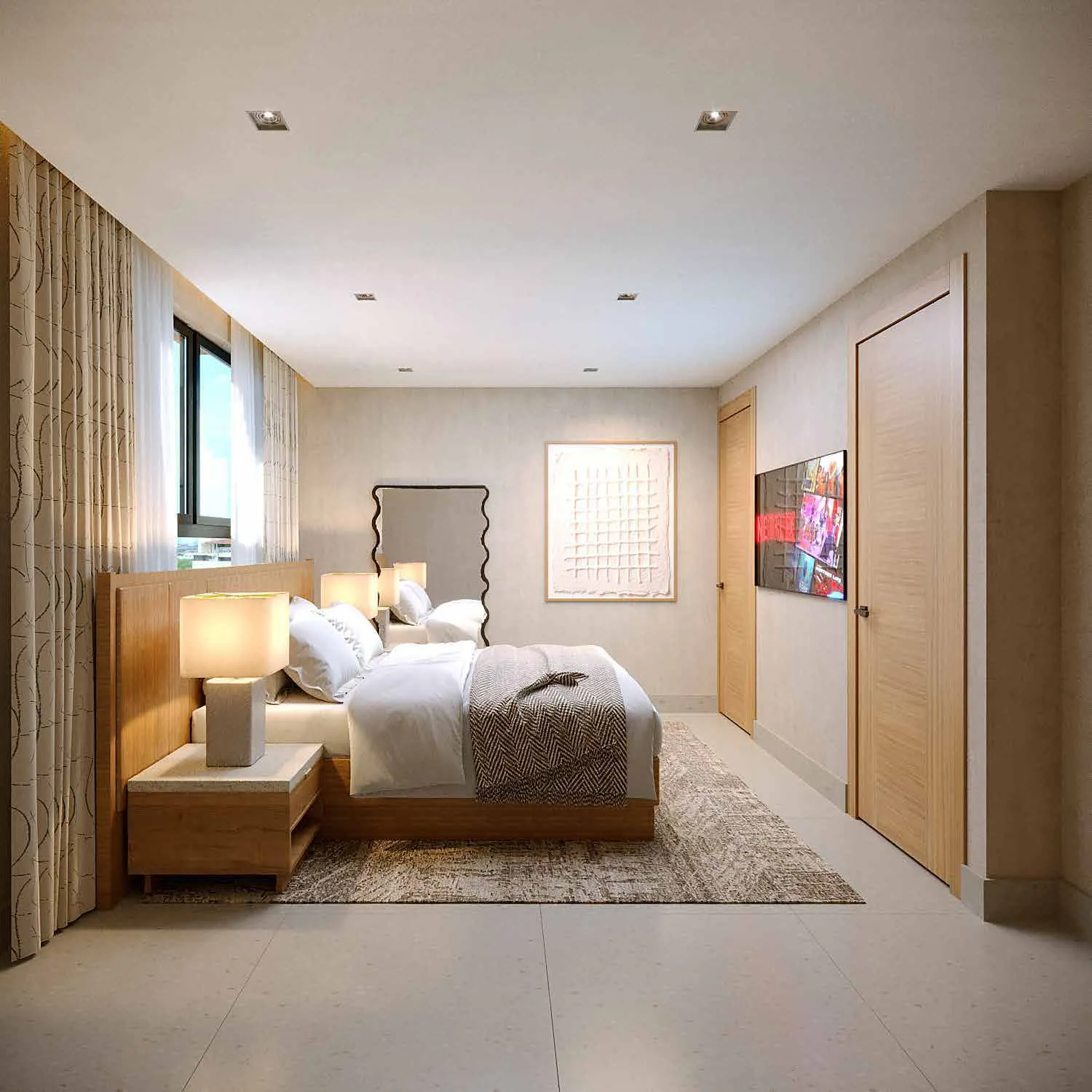 Dormitorio de un apartamento de Signature by Melcon, render con decoración de referencia