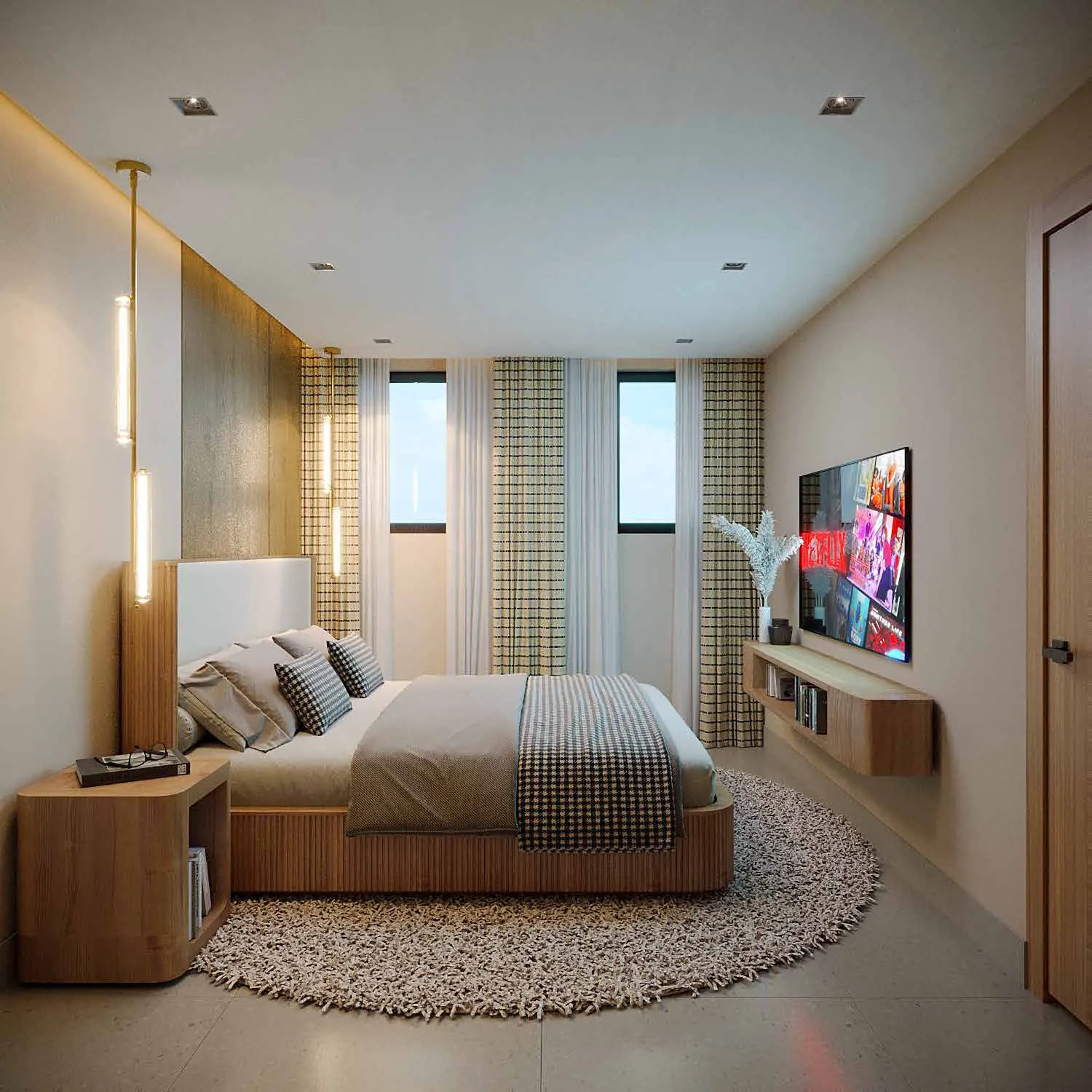 Dormitorio de un apartamento de Signature by Melcon, render con decoración de referencia