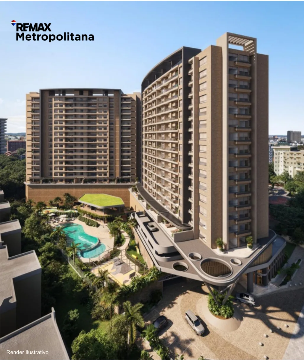 Las dos torres de Traventto Santo Domingo con sus piscinas y áreas verdes, render ilustrativo