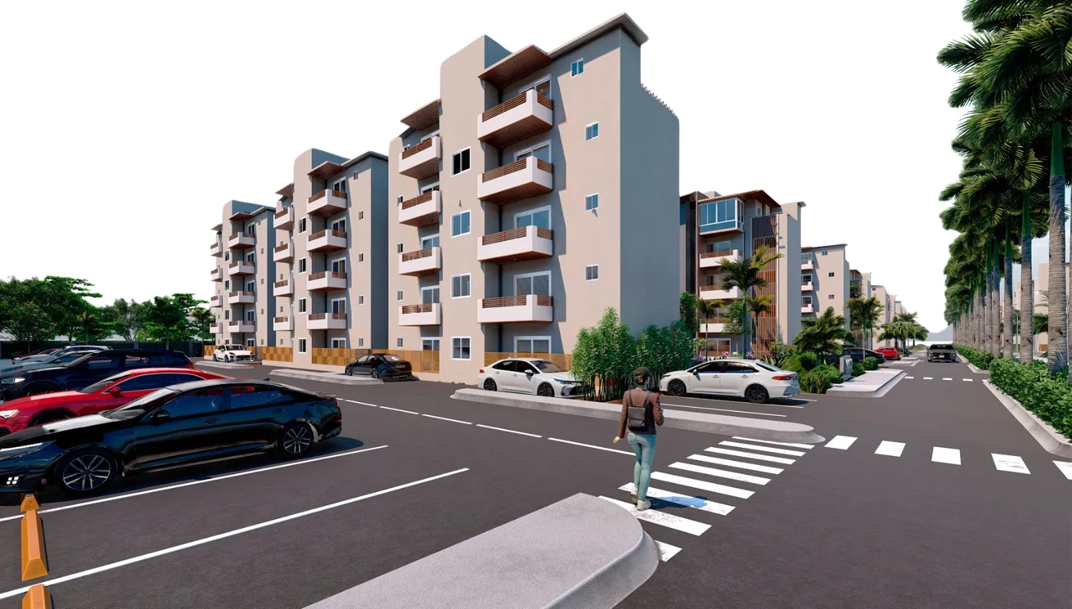 Edificios de 5 niveles de Terrazas de Boca Chica vistos desde la calle de acceso, render ilustrativo