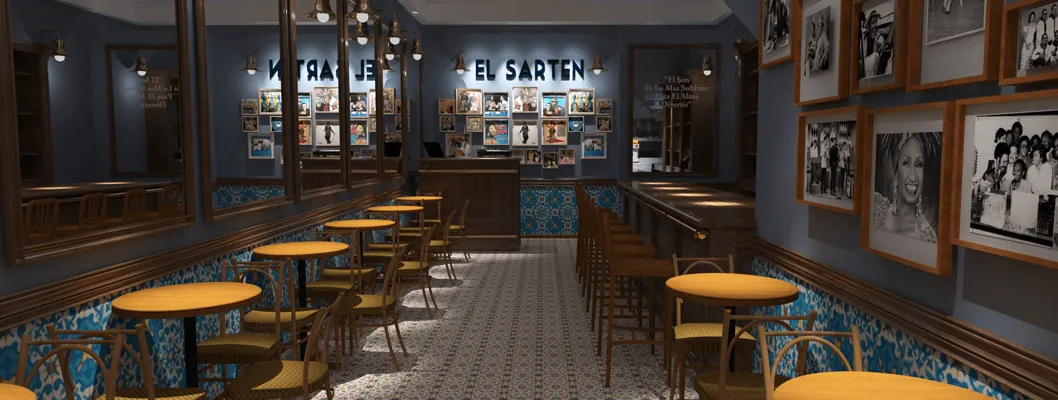 Salón de El Sartén en la calle Hostos, con mesas redondas, piso de mosaico y fotos de músicos en las paredes
