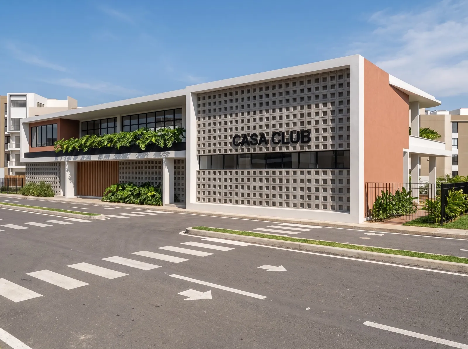 Entrada principal de la casa club de Brisas de las Colinas 8, render ilustrativo