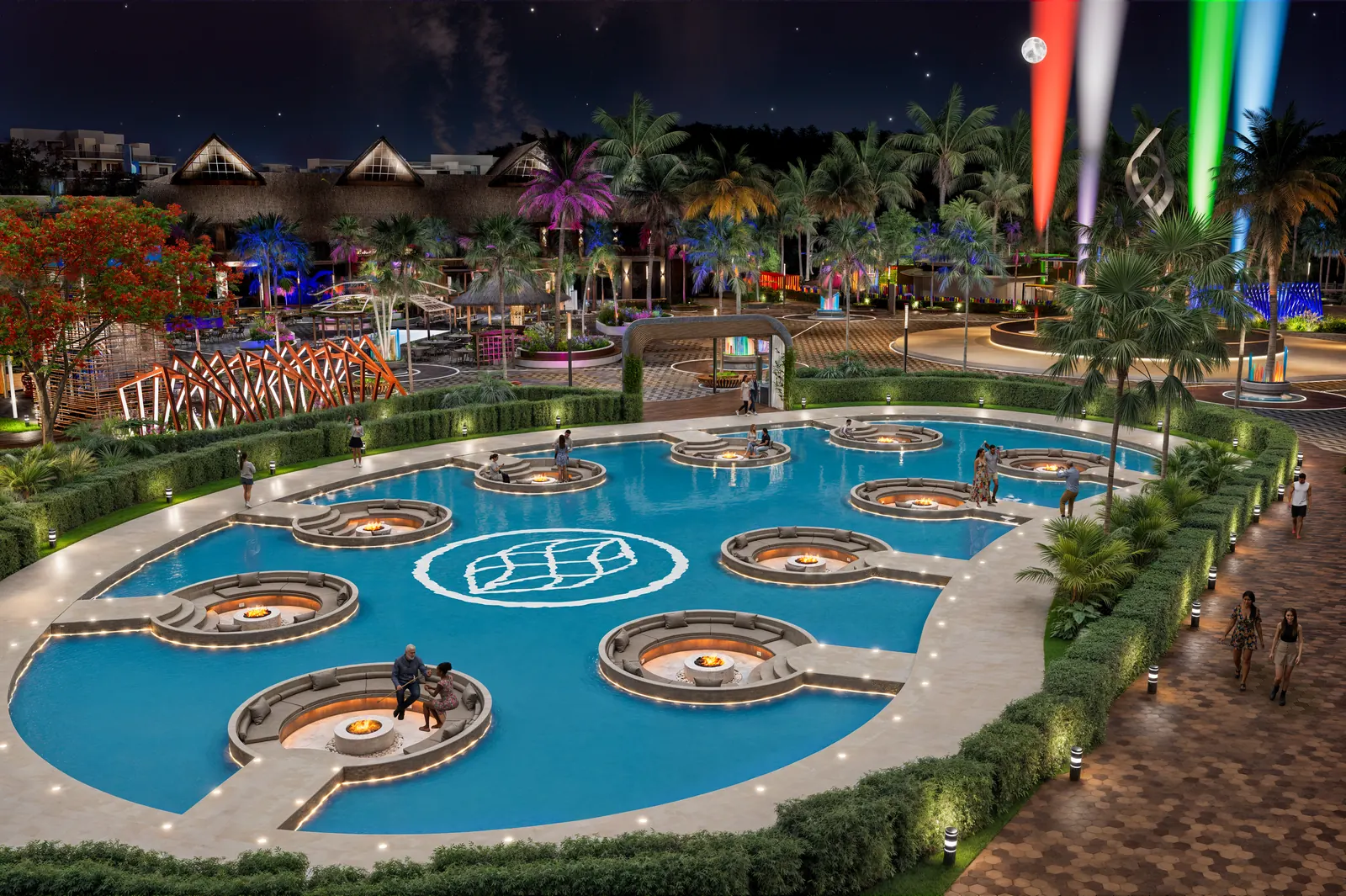 Espejos de agua de noche con visitantes de Cruise On Land Punta Cana