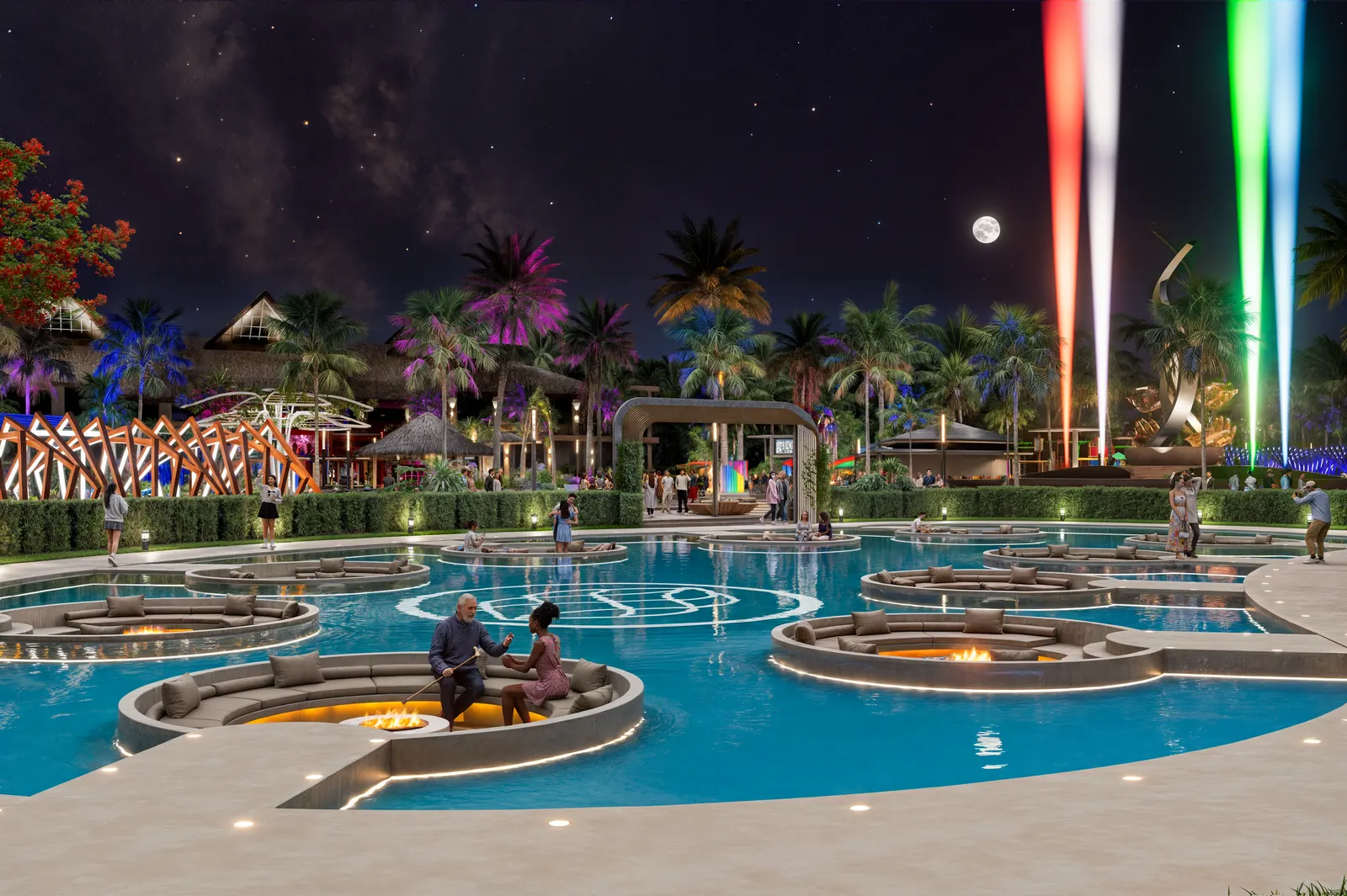 Espejos de agua iluminados de noche de Cruise On Land Punta Cana