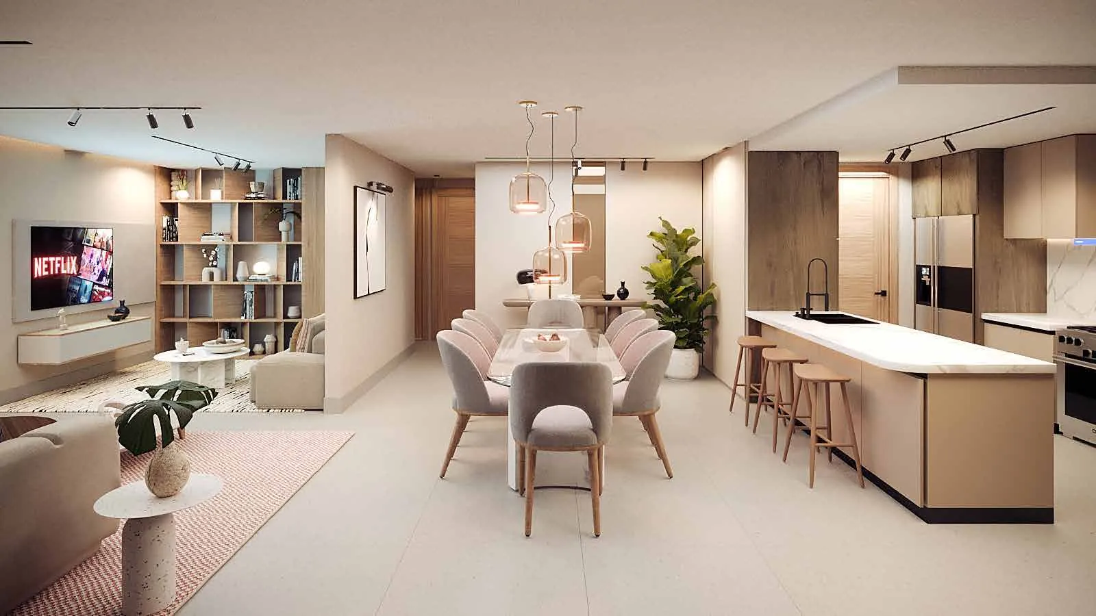 Estudio, cocina y comedor de un apartamento de Signature by Melcon, render con decoración de referencia