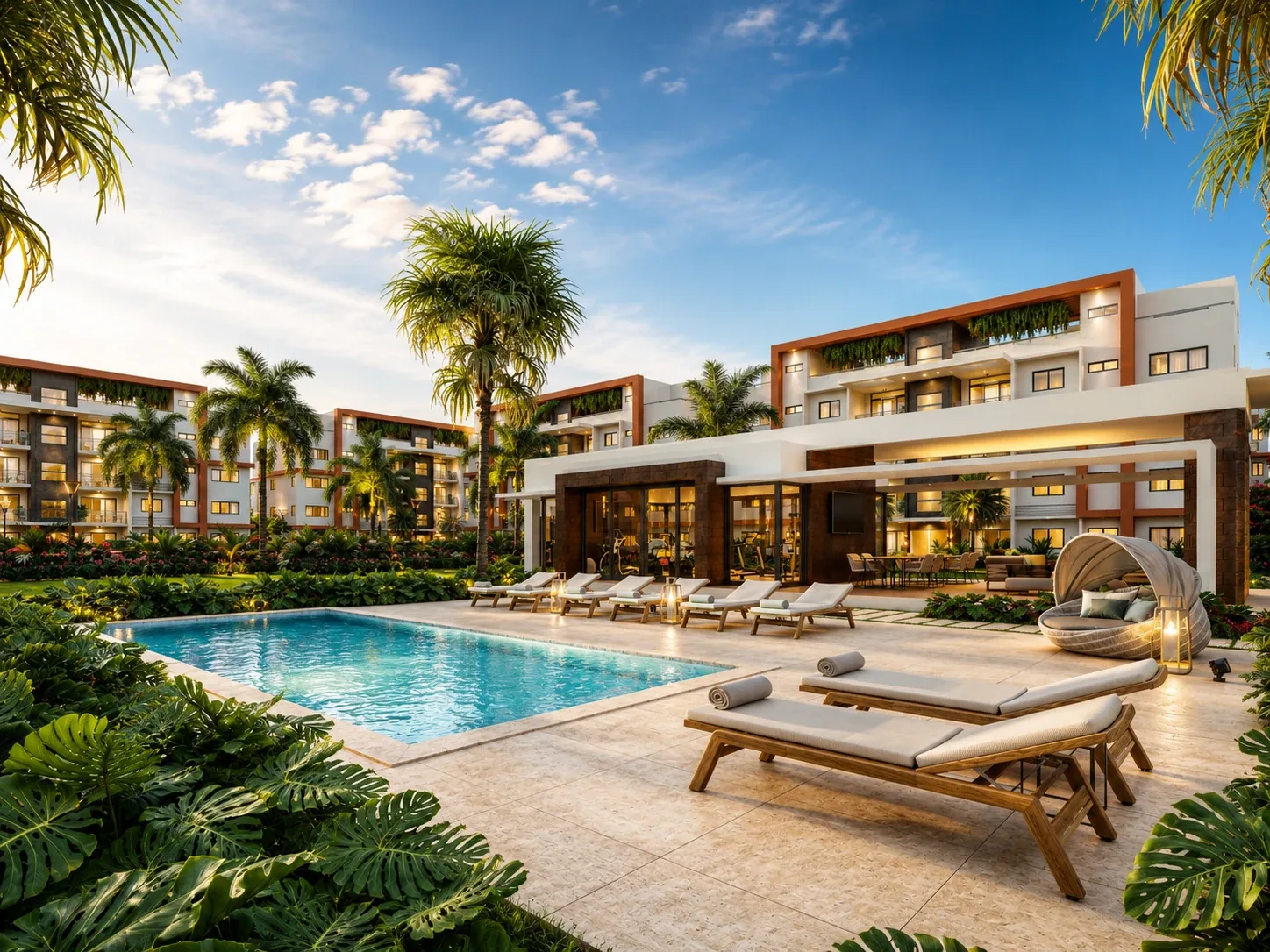 Piscina con tumbonas de Garden Life Boca Chica