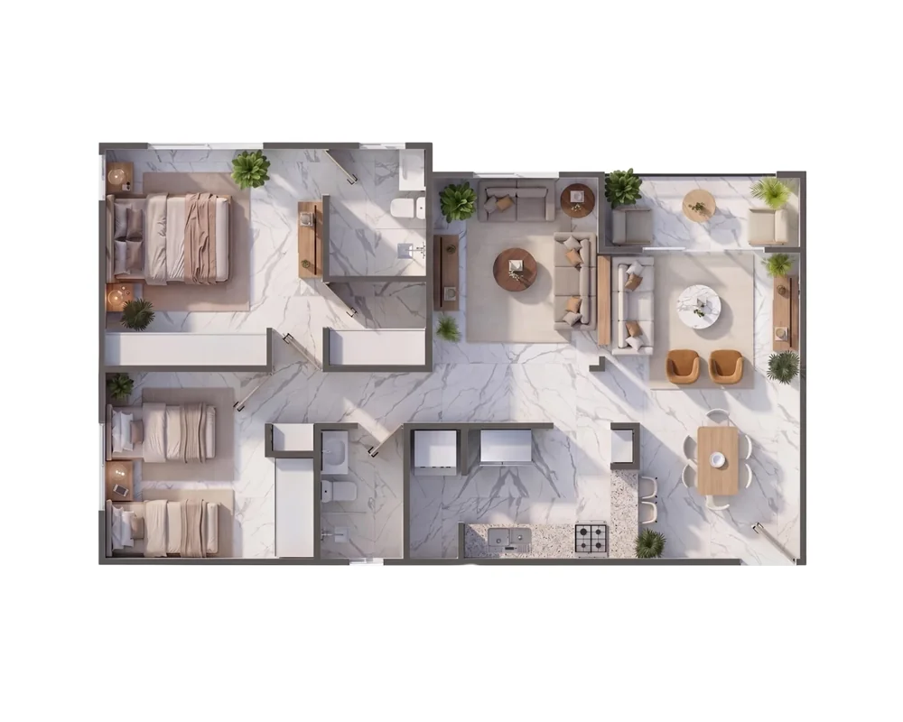 Plano del apartamento de 3 habitaciones de Garden Life Boca Chica
