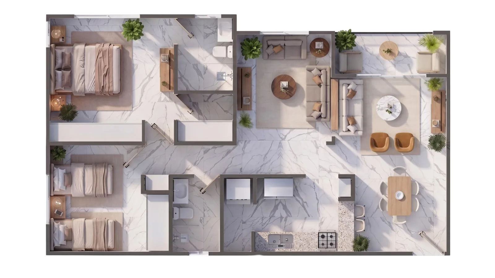 Plano del apartamento de 3 habitaciones de Garden Life Boca Chica