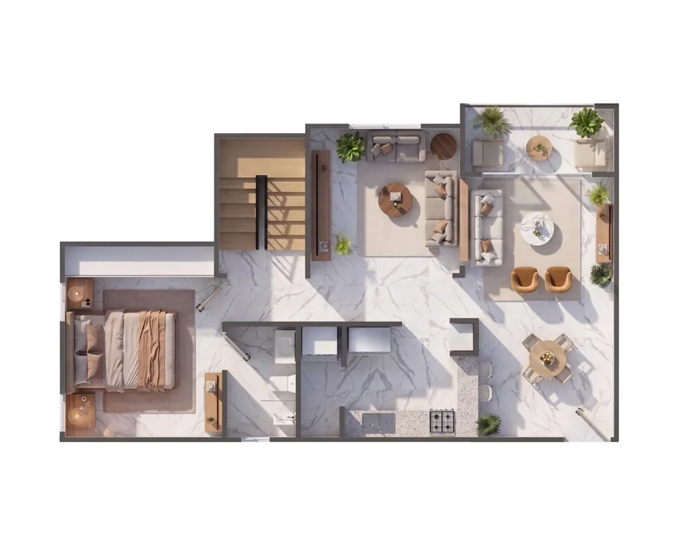 Plano del penthouse de 2 habitaciones con terraza de Garden Life Boca Chica