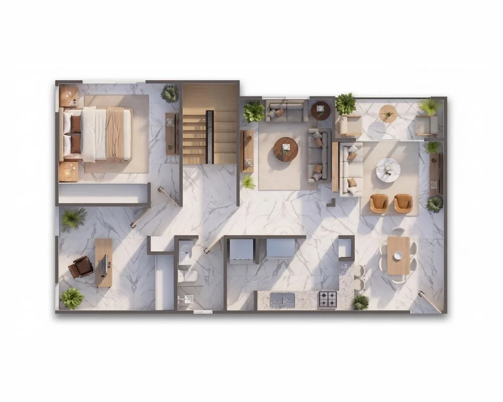 Plano del penthouse de 4 habitaciones con terraza de Garden Life Boca Chica