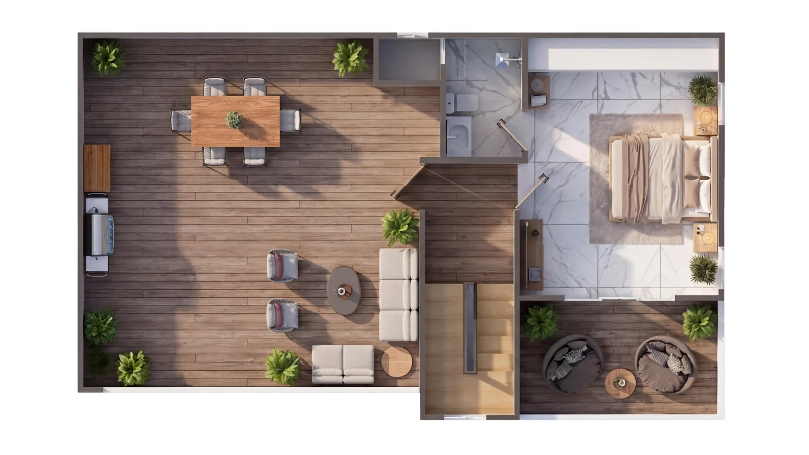 Plano de la terraza del penthouse de 4 habitaciones, modelo B