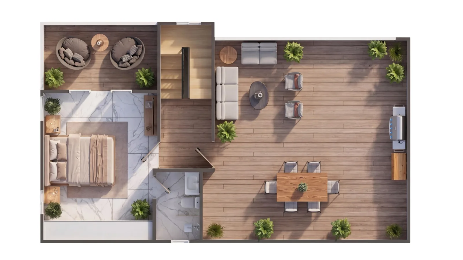 Plano de la terraza del penthouse de 4 habitaciones