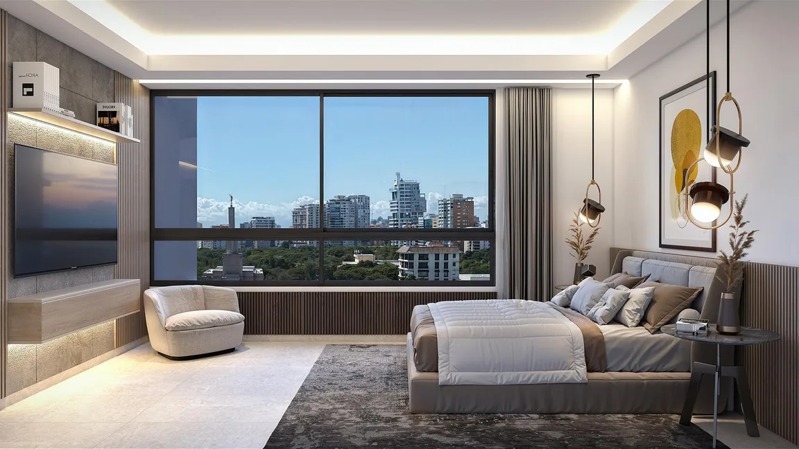Habitación principal con vista a la ciudad del apartamento tipo 07 de Traventto Santo Domingo, render ilustrativo