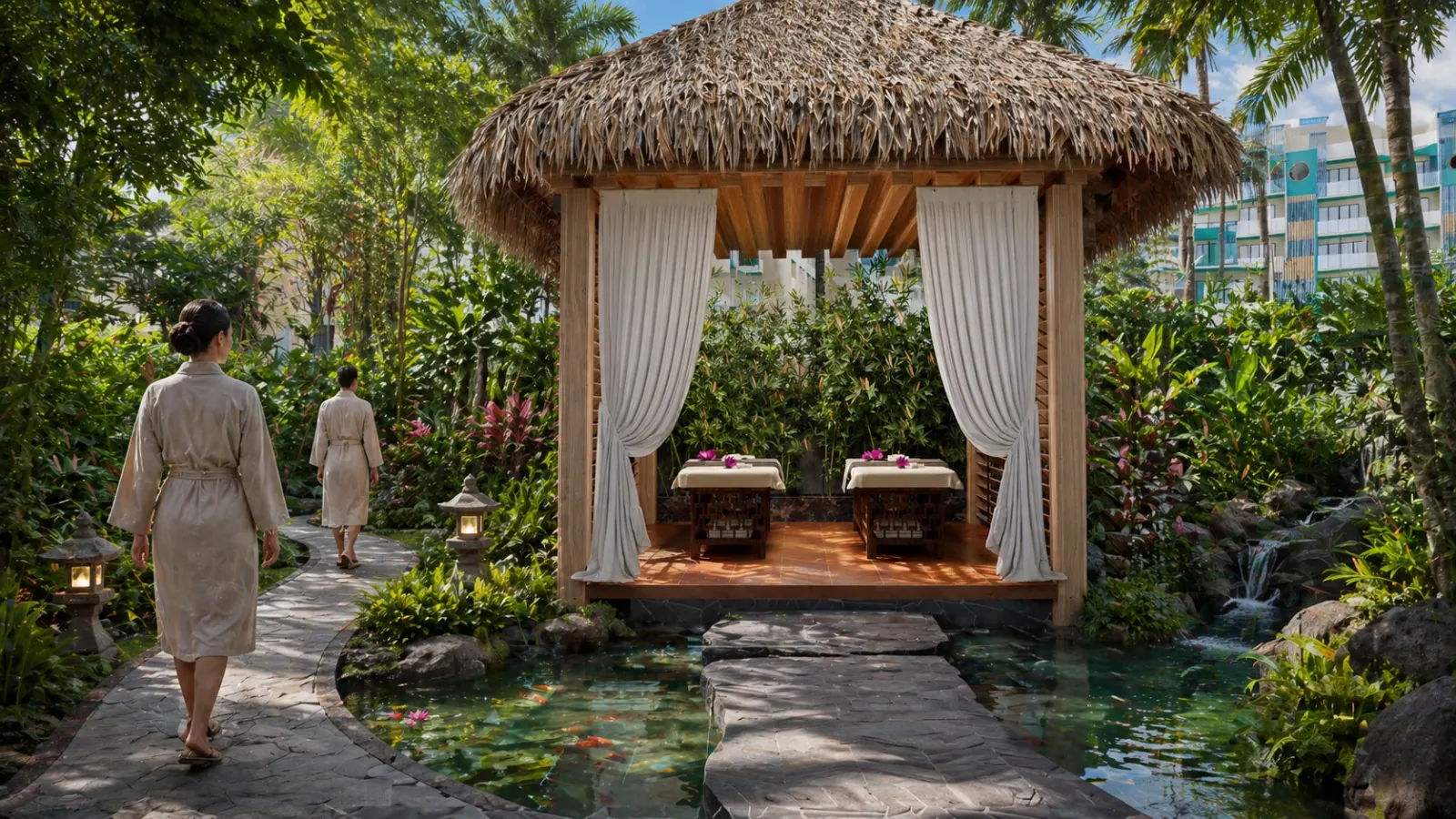 Gazebo con cortinas entre plantas tropicales de Cruise On Land Punta Cana
