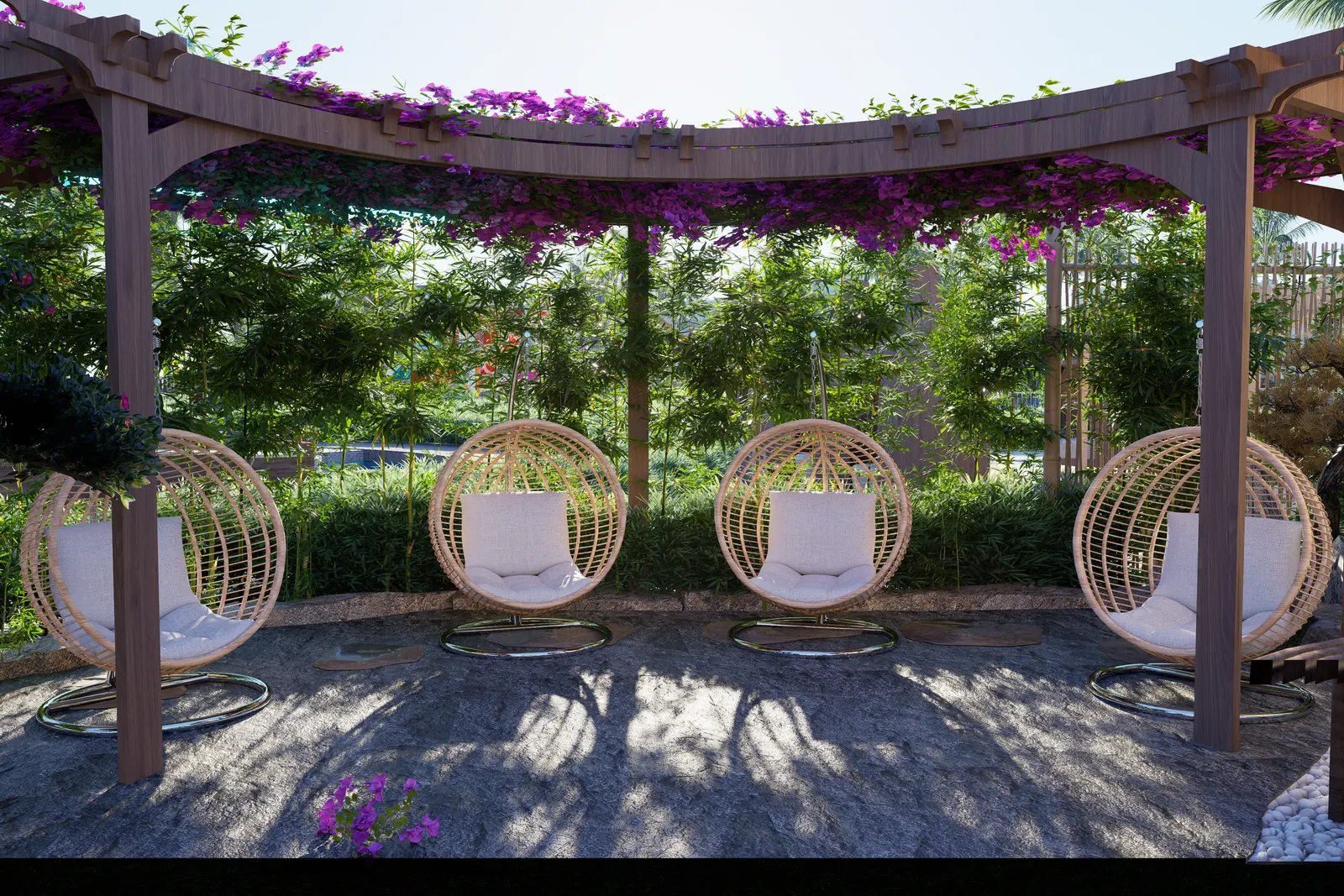 Pérgola con sillas colgantes en el jardín japonés de Cruise On Land Punta Cana
