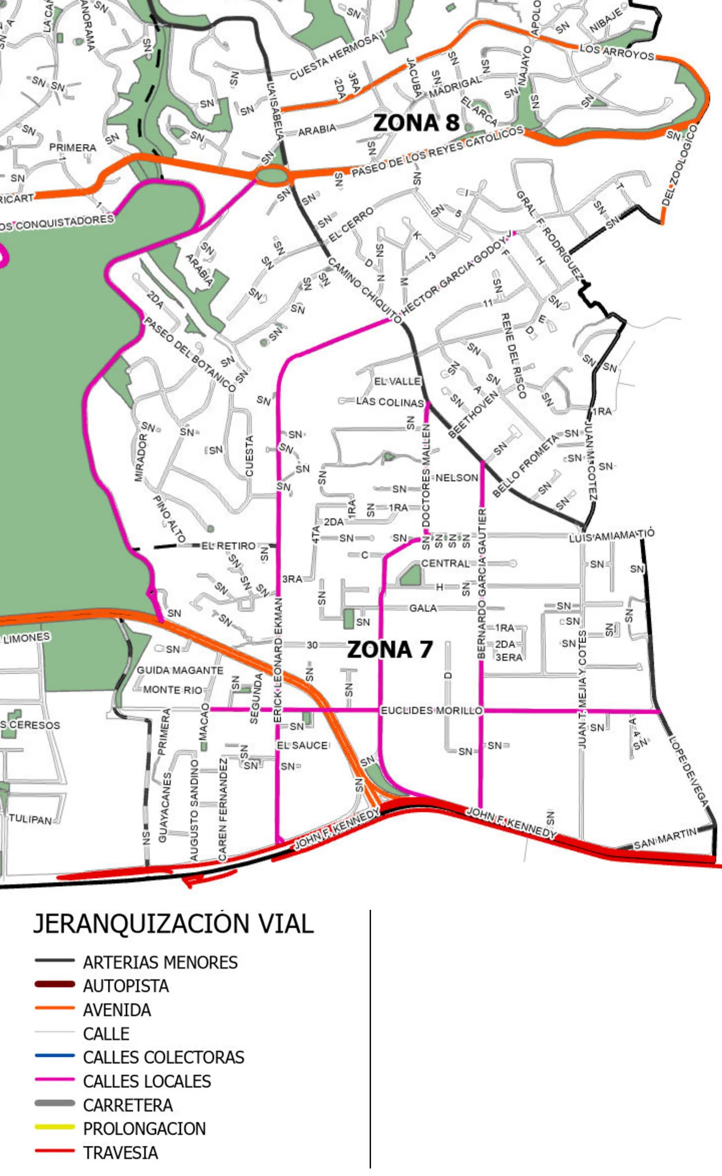 Plano de jerarquización vial de la zona 7 del Polígono de Conservación e Integración Metropolitana, que corresponde a Viejo Arroyo Hondo, con Camino Chiquito como arteria menor y Euclides Morillo y Doctores Mallén como calles locales
