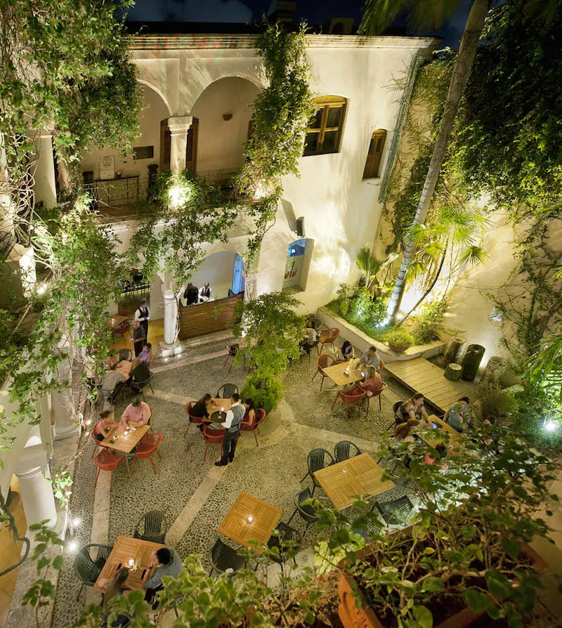 Patio de Lulú Tasting Bar de noche visto desde arriba, con mesas, plantas trepadoras y la barra al fondo, Zona Colonial