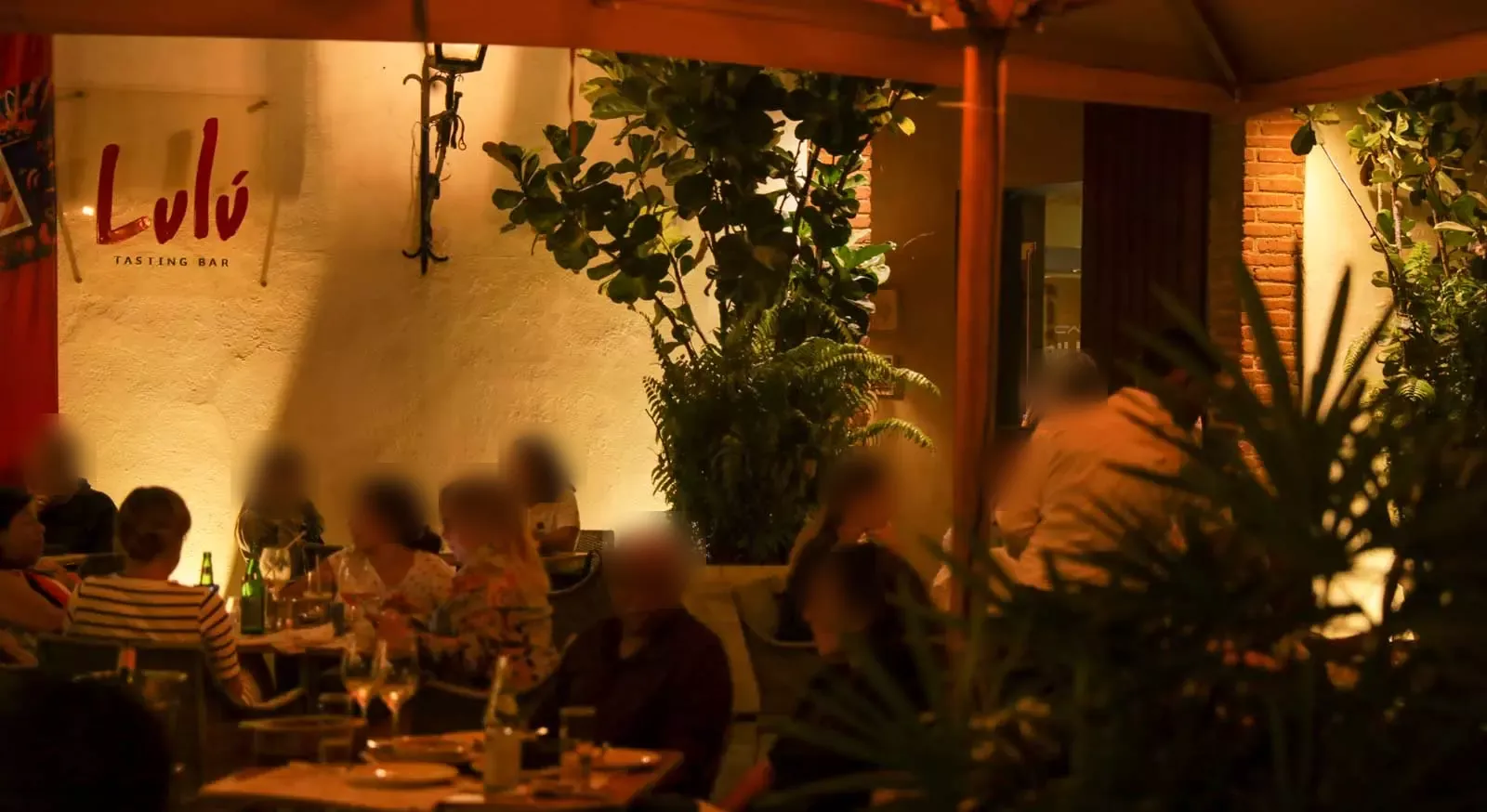 Terraza de Lulú Tasting Bar de noche, con comensales bajo los árboles junto al parque Padre Billini