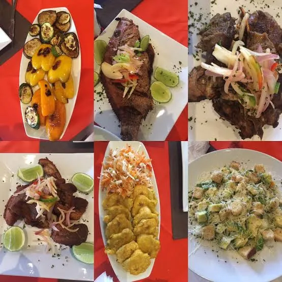 Platos de Maison Kreyol: pescado frito, carnes con ensalada de repollo, tostones y ensalada César