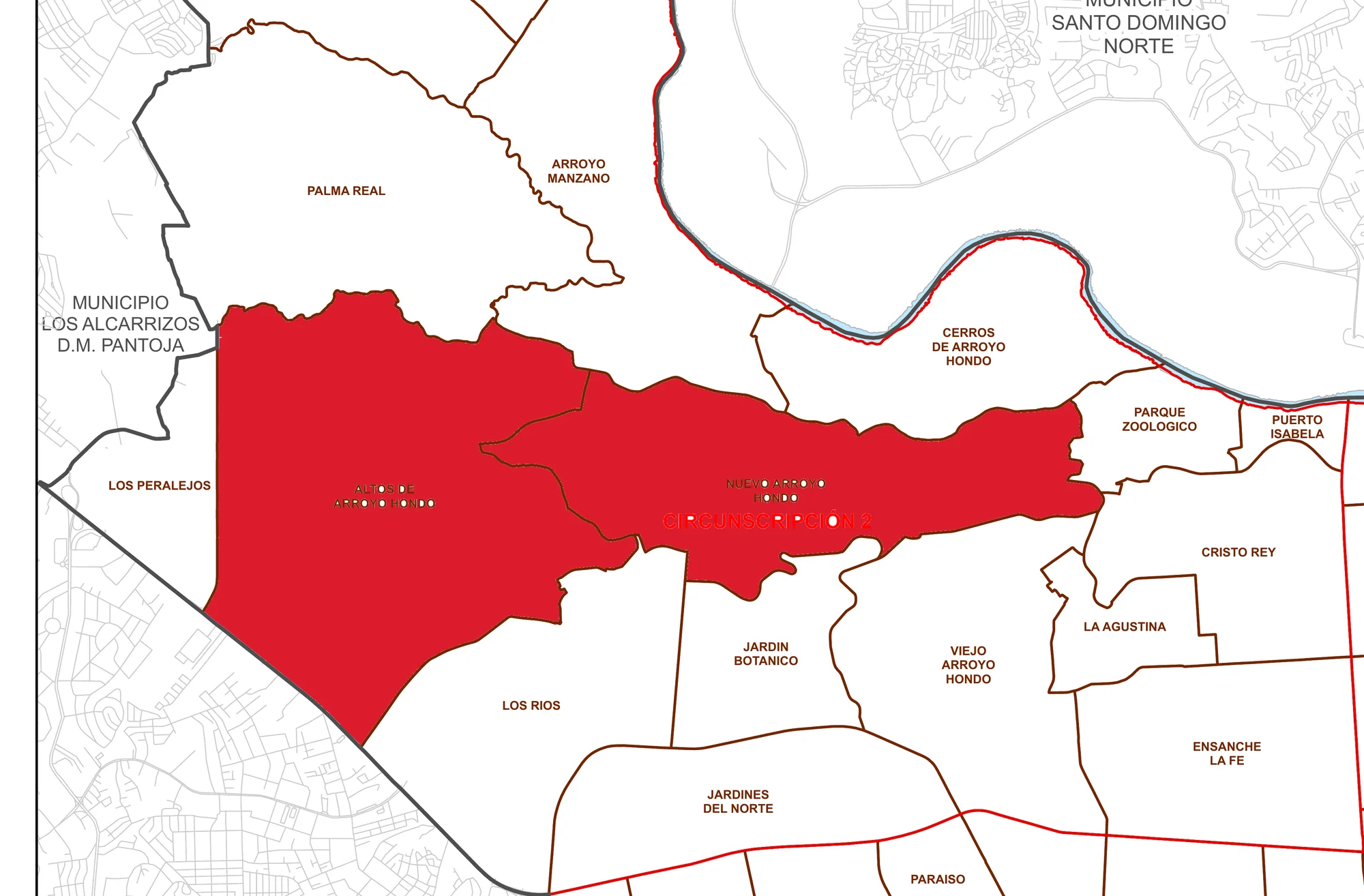 Mapa de barrios del Distrito Nacional con Altos de Arroyo Hondo y Nuevo Arroyo Hondo marcados en rojo
