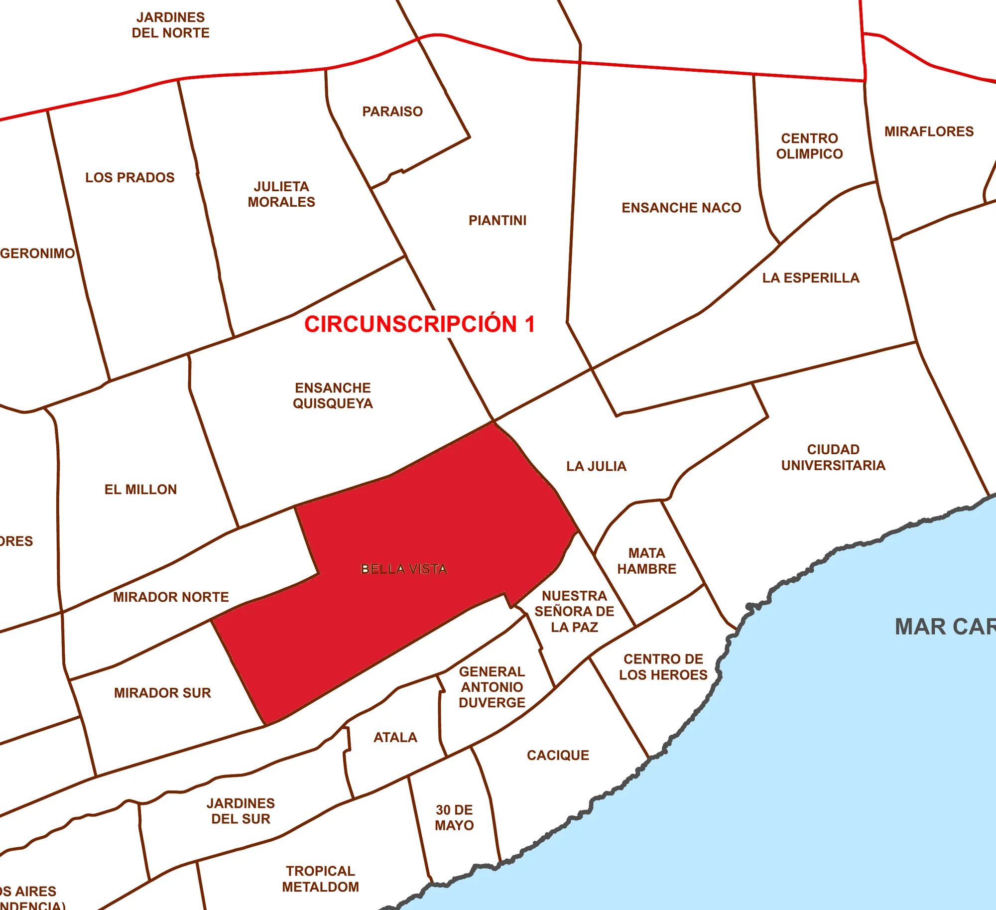 Mapa de barrios del Distrito Nacional con Bella Vista marcado en rojo entre Ensanche Quisqueya, El Millón, Mirador Norte, Mirador Sur y La Julia