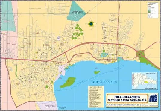 Mapa de calles y sectores de Boca Chica y Andrés, con la bahía de Andrés, sus islotes y la autopista de Las Américas