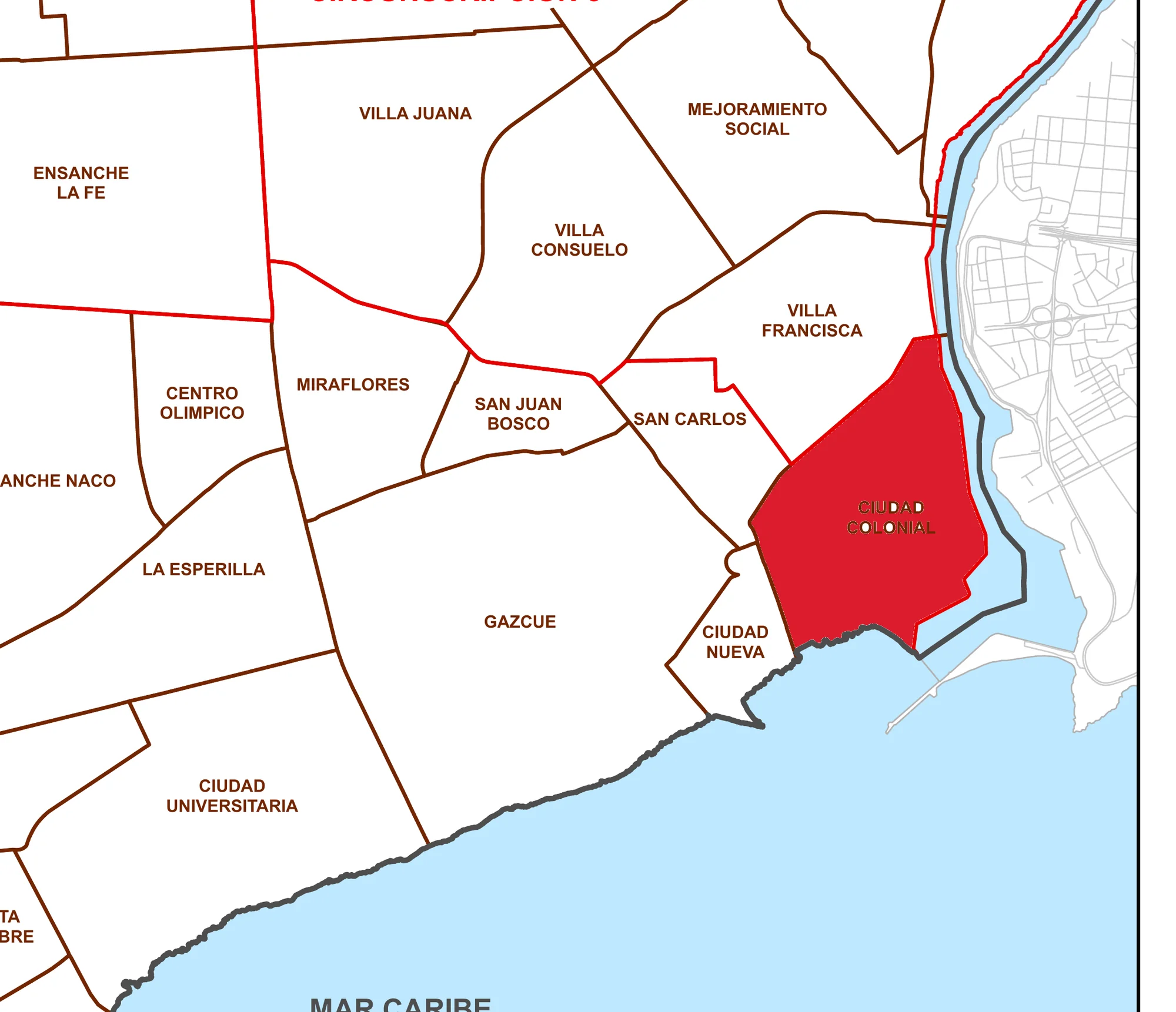 Zona Colonial Santo Domingo: Guía inmobiliaria del vibrante casco antigüo de la ciudad 3 Mapa de barrios del sureste del Distrito Nacional con la Ciudad Colonial marcada en rojo junto al río Ozama, Gazcue, Ciudad Nueva, San Carlos y Villa Francisca