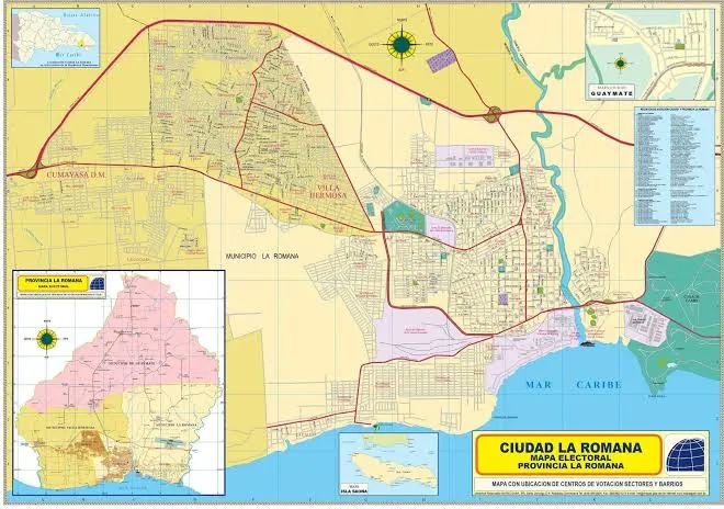Mapa electoral de la ciudad de La Romana con sus sectores, barrios y centros de votación, Villa Hermosa, Cumayasa y el río Chavón