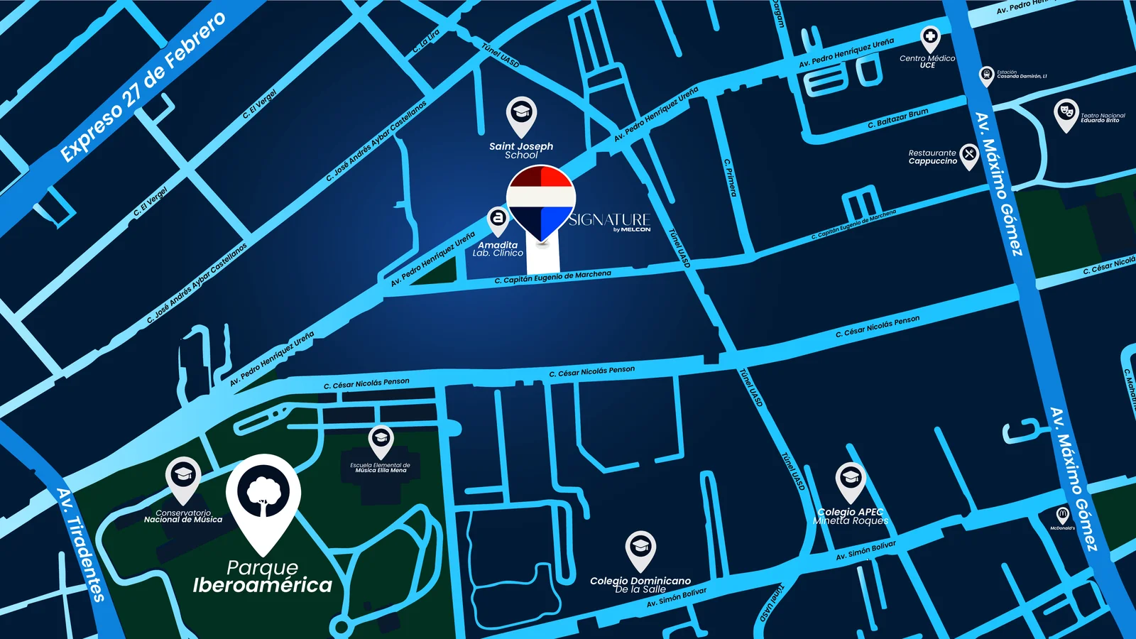 Mapa de ubicación de Signature by Melcon en la Av. Pedro Henríquez Ureña, La Esperilla, cerca del Parque Iberoamérica