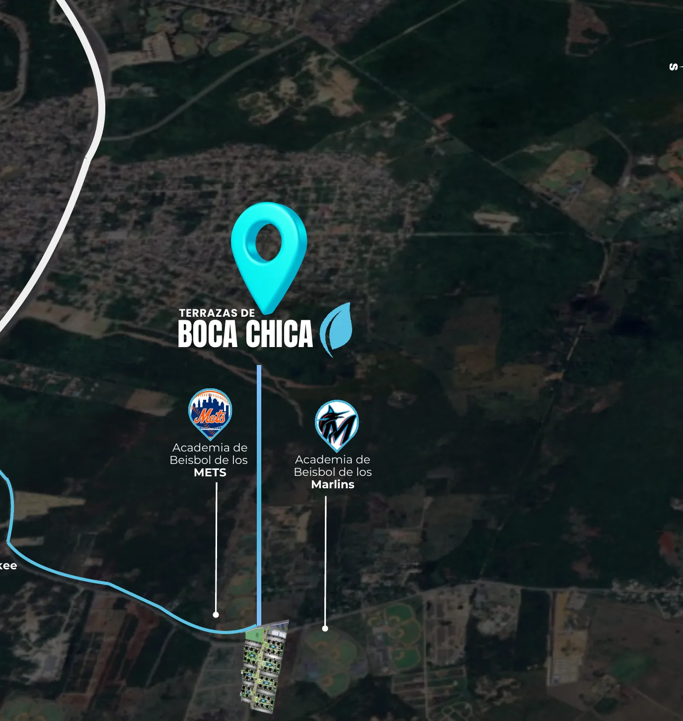 Mapa de ubicación de Terrazas de Boca Chica junto a las academias de béisbol de los Mets y los Marlins