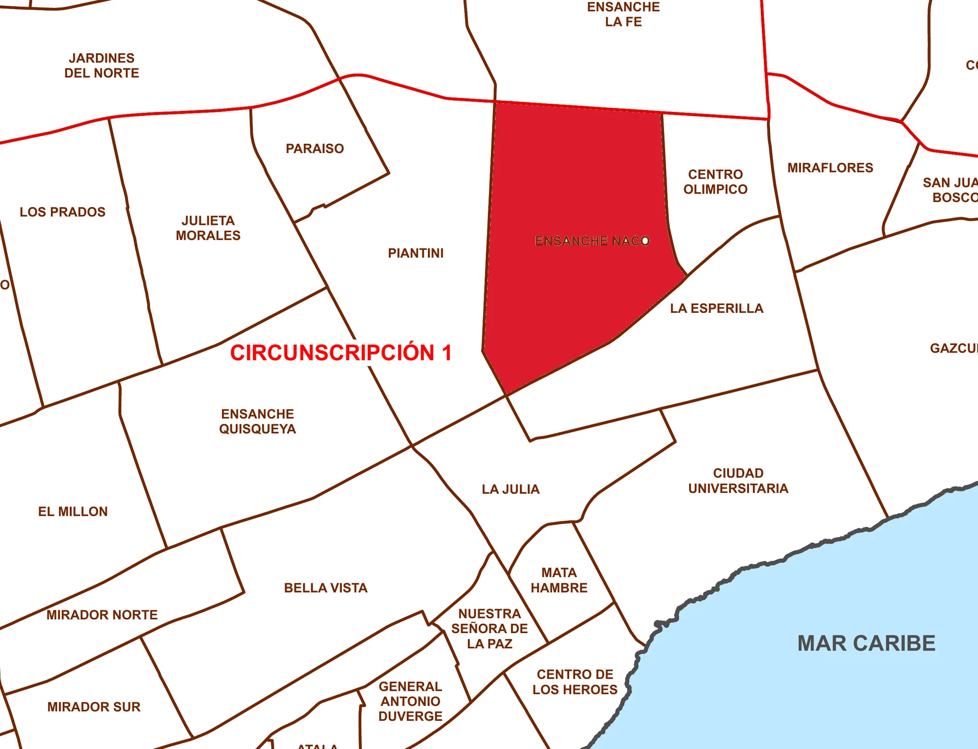 Ensanche Naco, Santo Domingo: reporte y perspectivas de su mercado inmobiliario y uso de suelo 3 Mapa de barrios del Distrito Nacional con Ensanche Naco marcado en rojo entre Piantini, el Centro Olímpico, La Esperilla y Ensanche La Fe