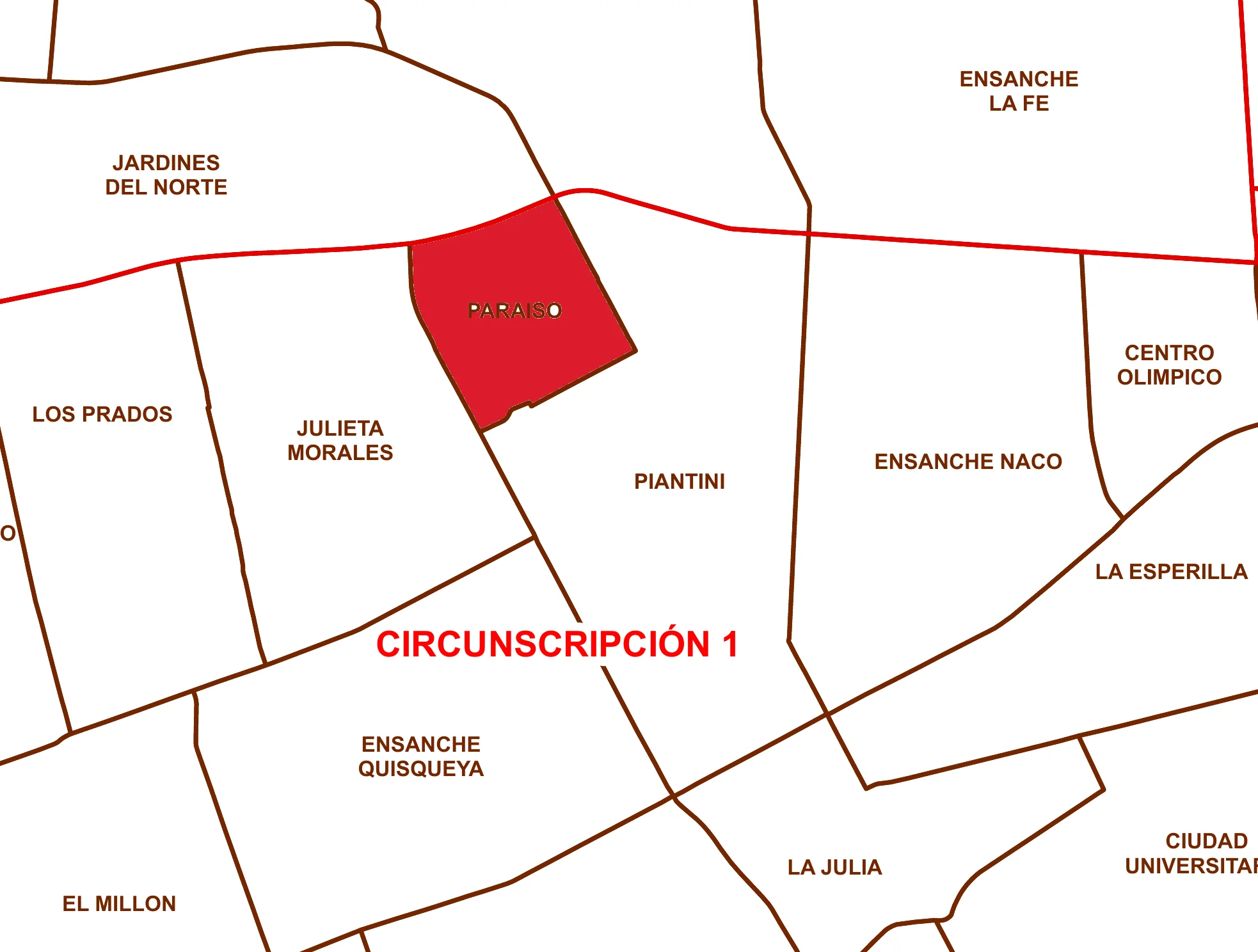 Mapa de barrios del Distrito Nacional con Ensanche Paraíso marcado en rojo junto a la avenida John F. Kennedy, entre Julieta Morales y Piantini