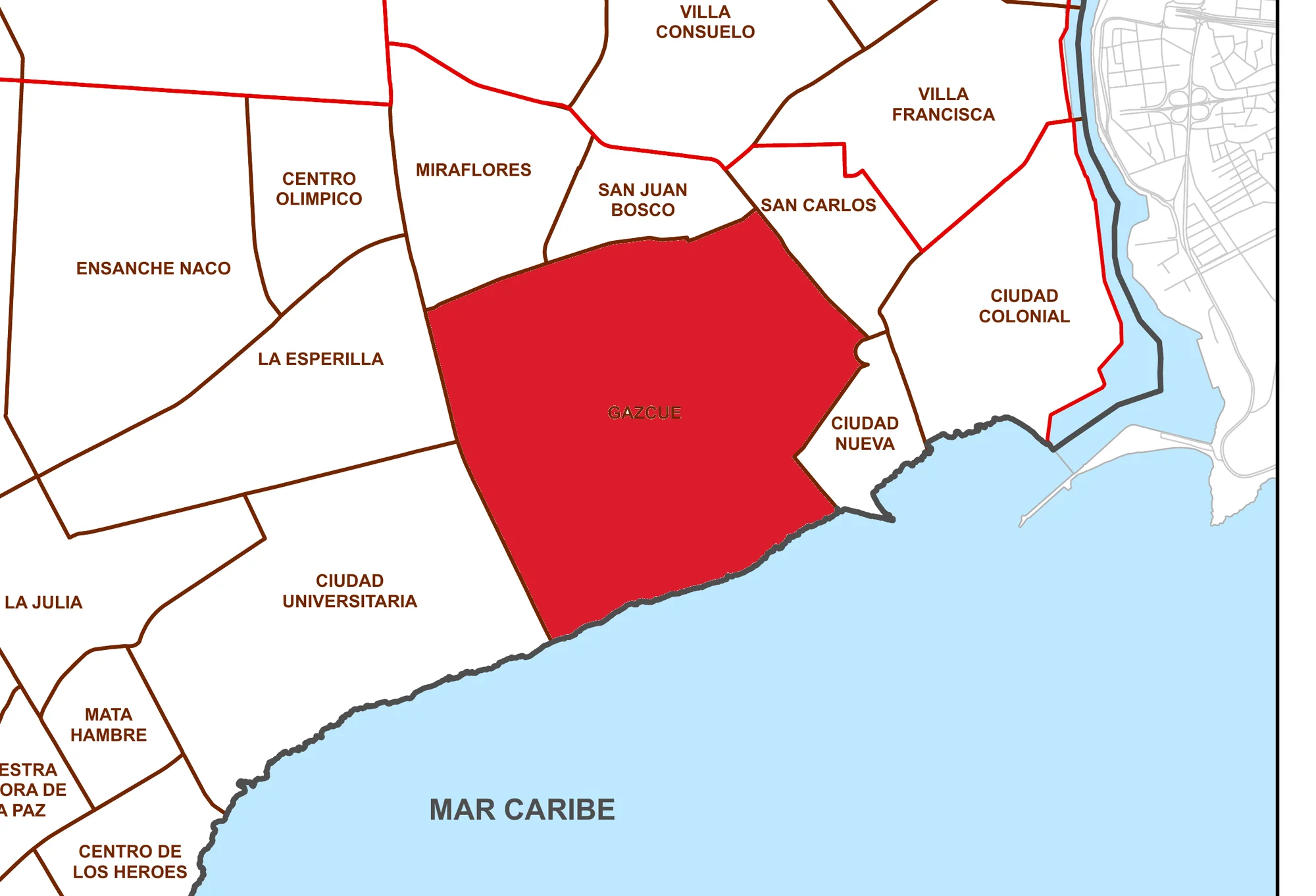 Mapa de barrios del Distrito Nacional con Gazcue marcado en rojo entre La Esperilla, Miraflores, San Juan Bosco, San Carlos, Ciudad Nueva y el mar Caribe