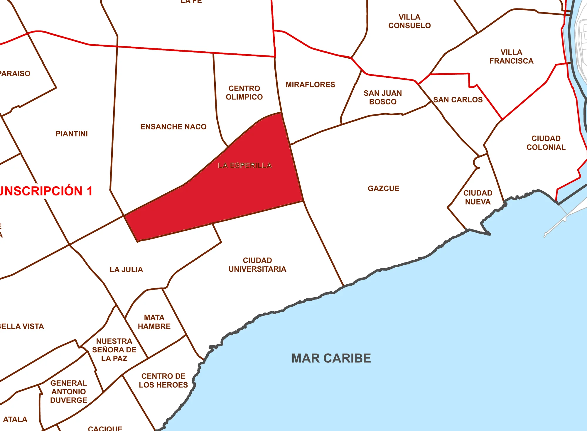 Mapa de barrios del Distrito Nacional con La Esperilla marcada en rojo entre Ensanche Naco, el Centro Olímpico, Gazcue, Ciudad Universitaria y La Julia