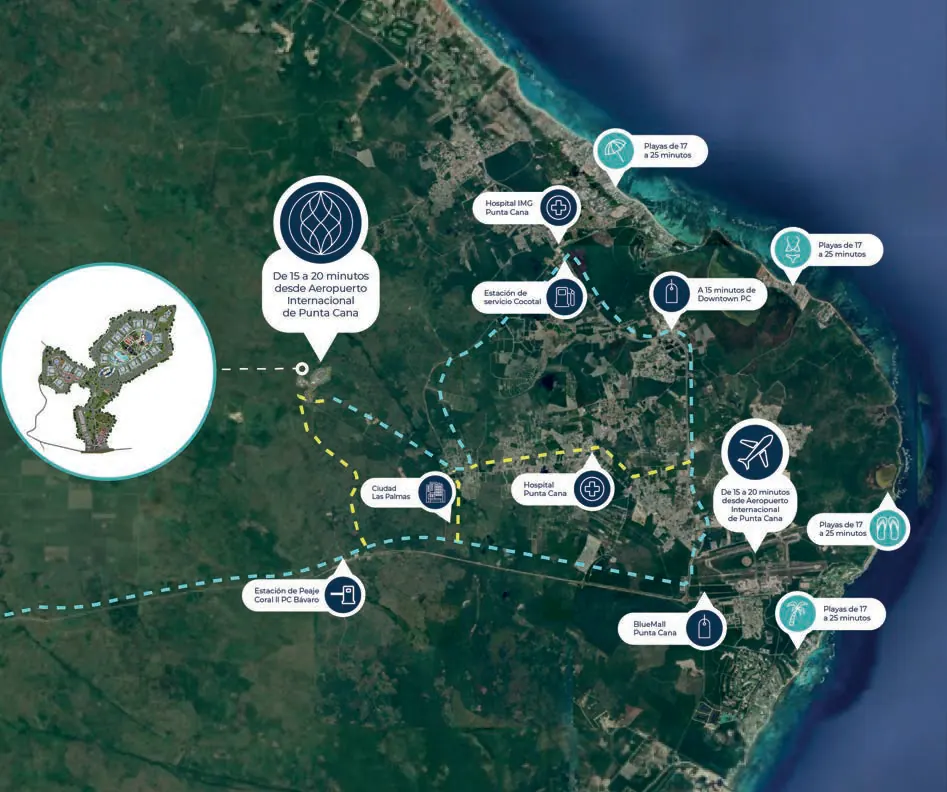 Mapa de localización de Cruise On Land Punta Cana con el aeropuerto, Downtown Punta Cana y las playas cercanas