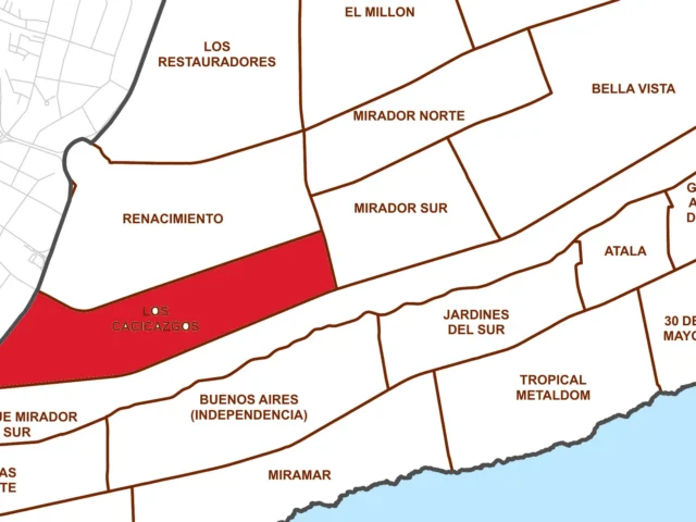 Mapa de barrios del Distrito Nacional con Los Cacicazgos marcado en rojo entre Renacimiento, Mirador Sur y el parque Mirador Sur