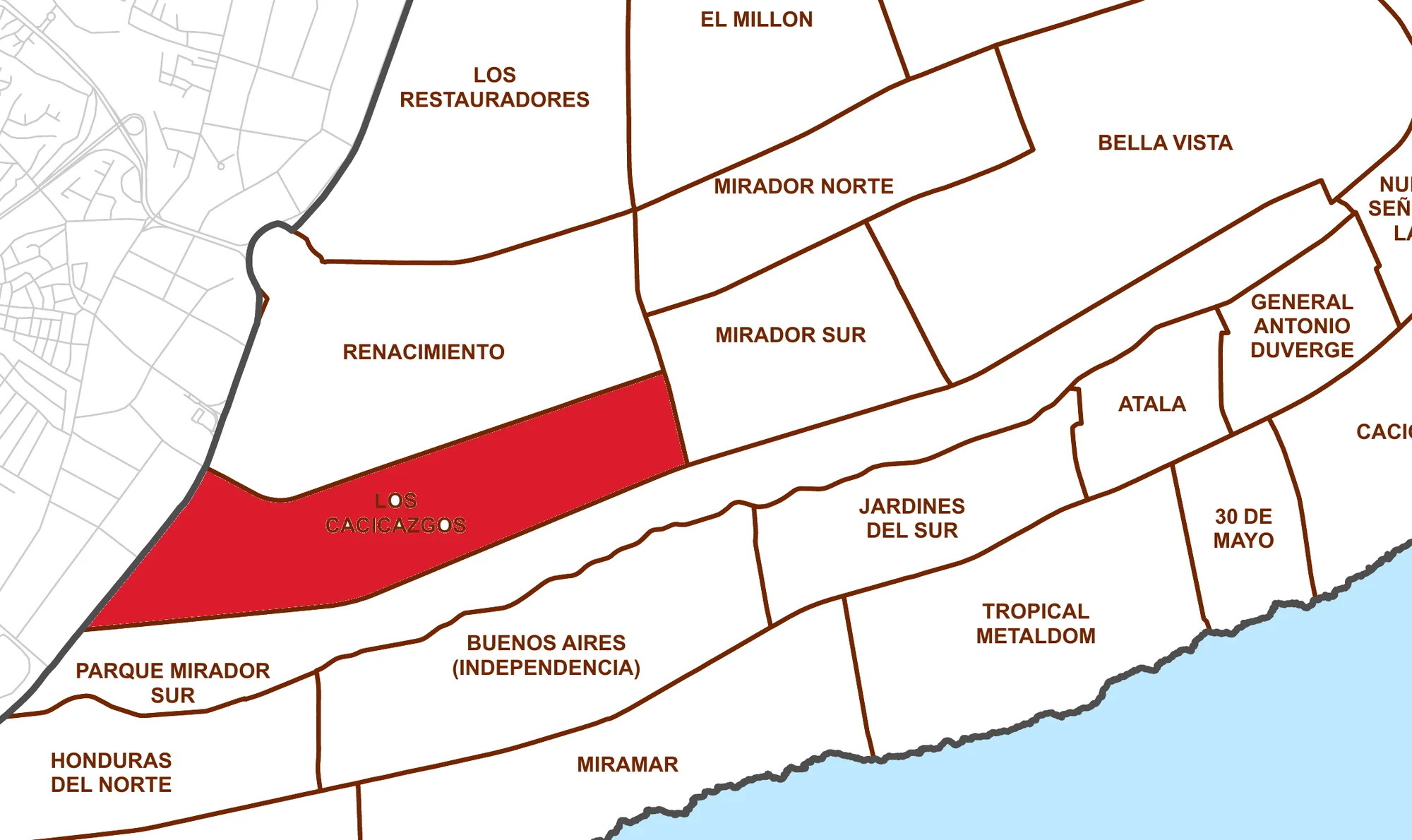 Mapa de barrios del Distrito Nacional con Los Cacicazgos marcado en rojo entre Renacimiento, Mirador Sur y el parque Mirador Sur