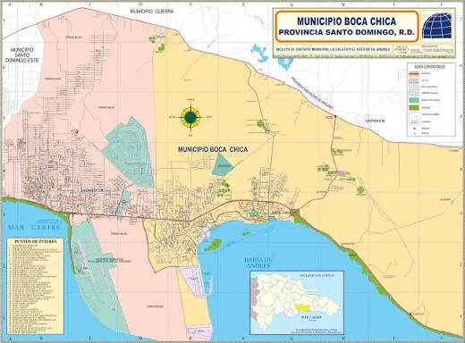 Mapa del municipio Boca Chica, provincia Santo Domingo, con el distrito municipal La Caleta, el sector de Andrés, la bahía de Andrés y sus vecinos Santo Domingo Este y Guerra