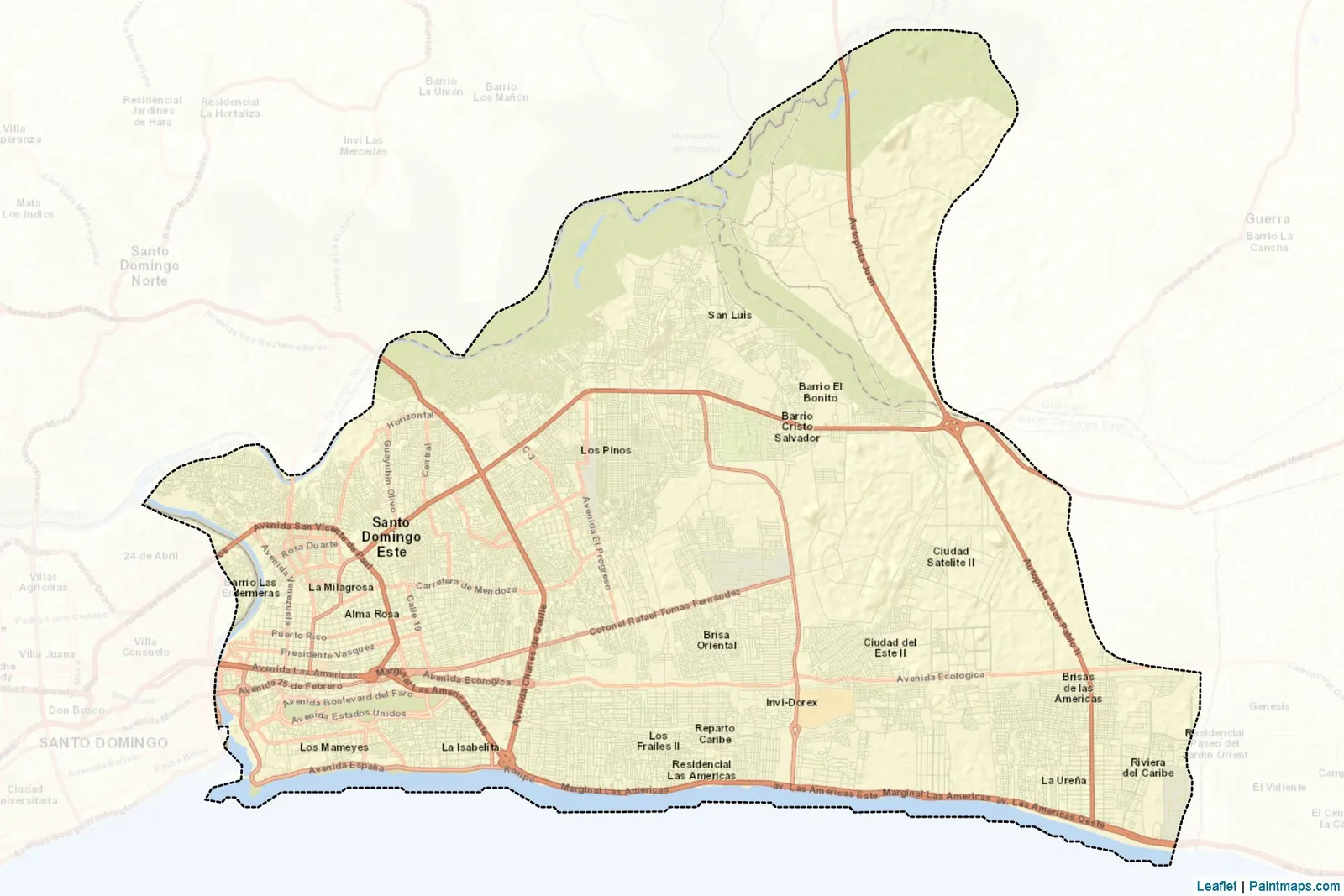 Mapa del municipio Santo Domingo Este con sus límites, avenidas principales y barrios, entre el río Ozama, Santo Domingo Norte, Boca Chica y el mar Caribe