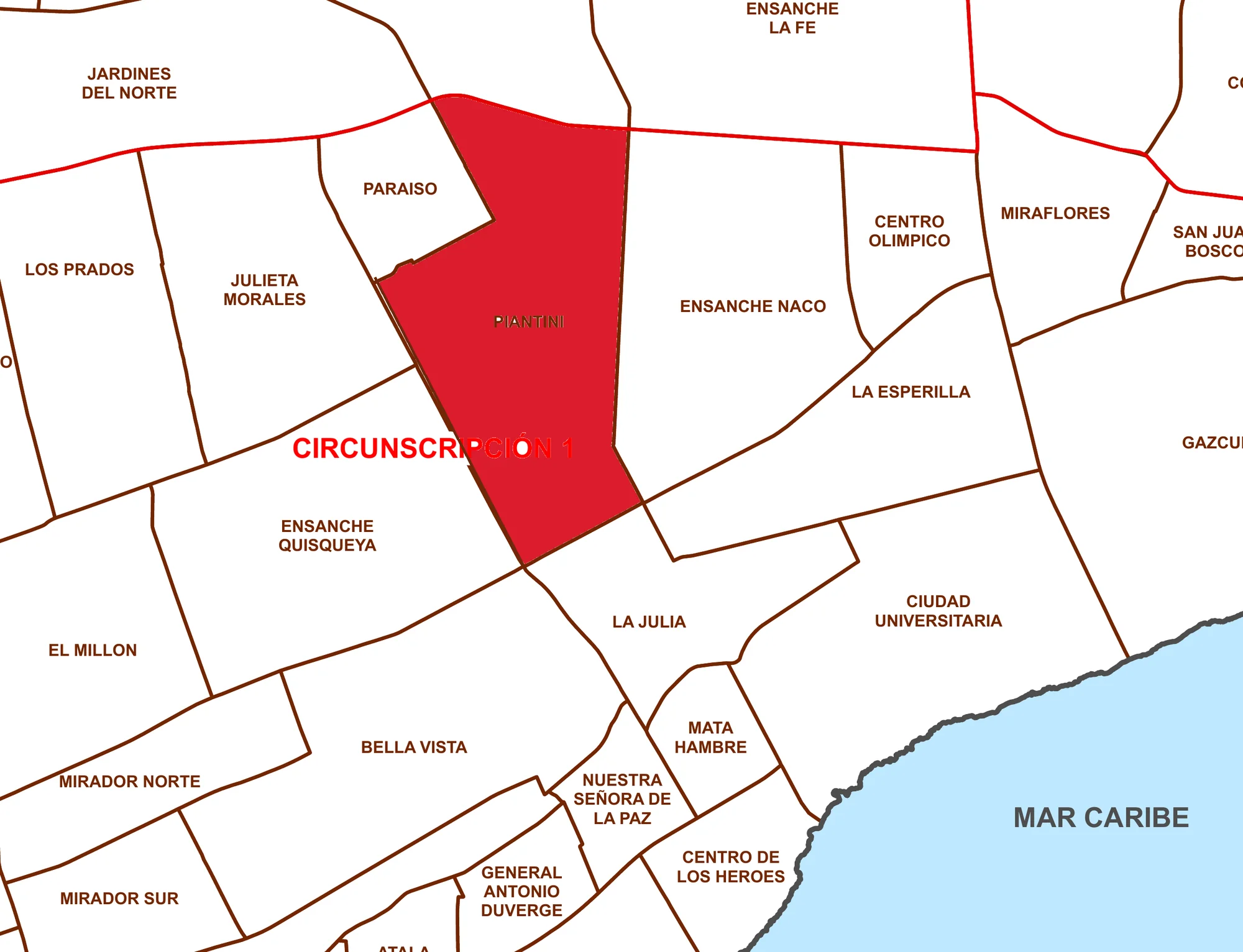 Piantini Santo Domingo: Guía de precios 2026 y cómo es vivir en el sector más caro de la capital 3 Mapa de barrios del Distrito Nacional con Piantini marcado en rojo entre Ensanche Paraíso, Julieta Morales, Ensanche Quisqueya, Ensanche Naco y La Julia