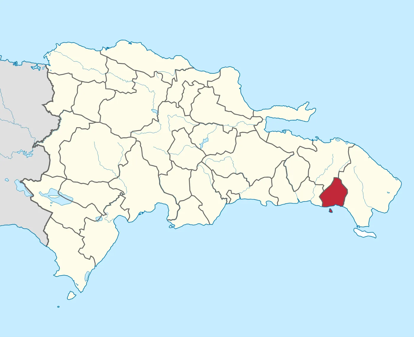 Mapa de la República Dominicana con la provincia La Romana marcada en rojo, en el sureste del país, frente al mar Caribe