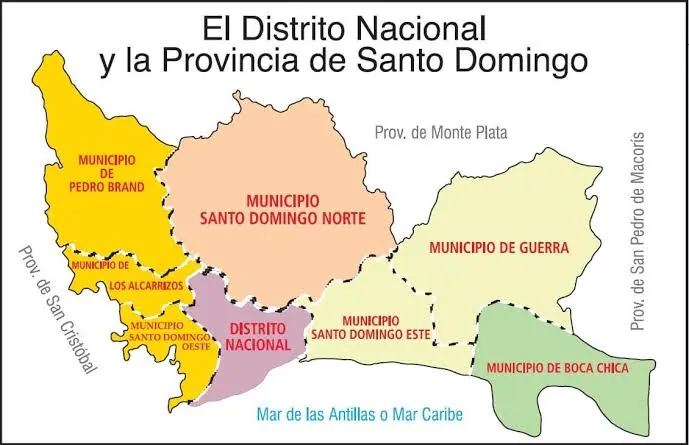 Mapa de la provincia Santo Domingo con el municipio Santo Domingo Este, el Distrito Nacional y los demás municipios: Norte, Oeste, Los Alcarrizos, Pedro Brand, Guerra y Boca Chica