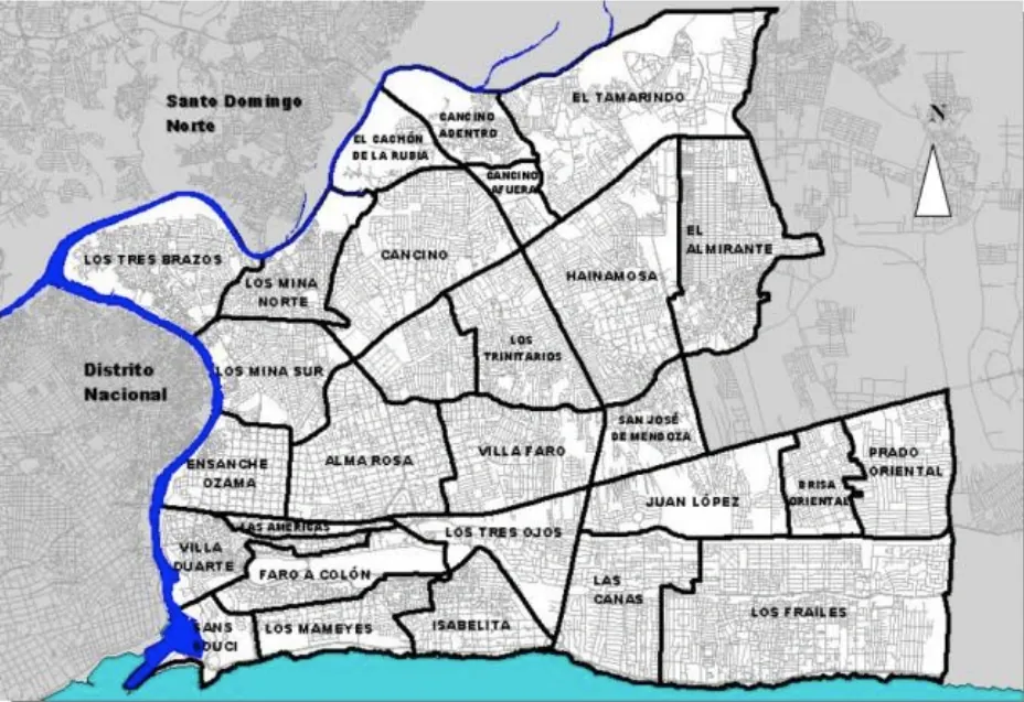 Mapa de los sectores de Santo Domingo Este: Los Mina, Alma Rosa, Villa Faro, Los Frailes, Prado Oriental, Los Tres Ojos, Sans Souci, El Tamarindo, Cancino, Hainamosa y otros