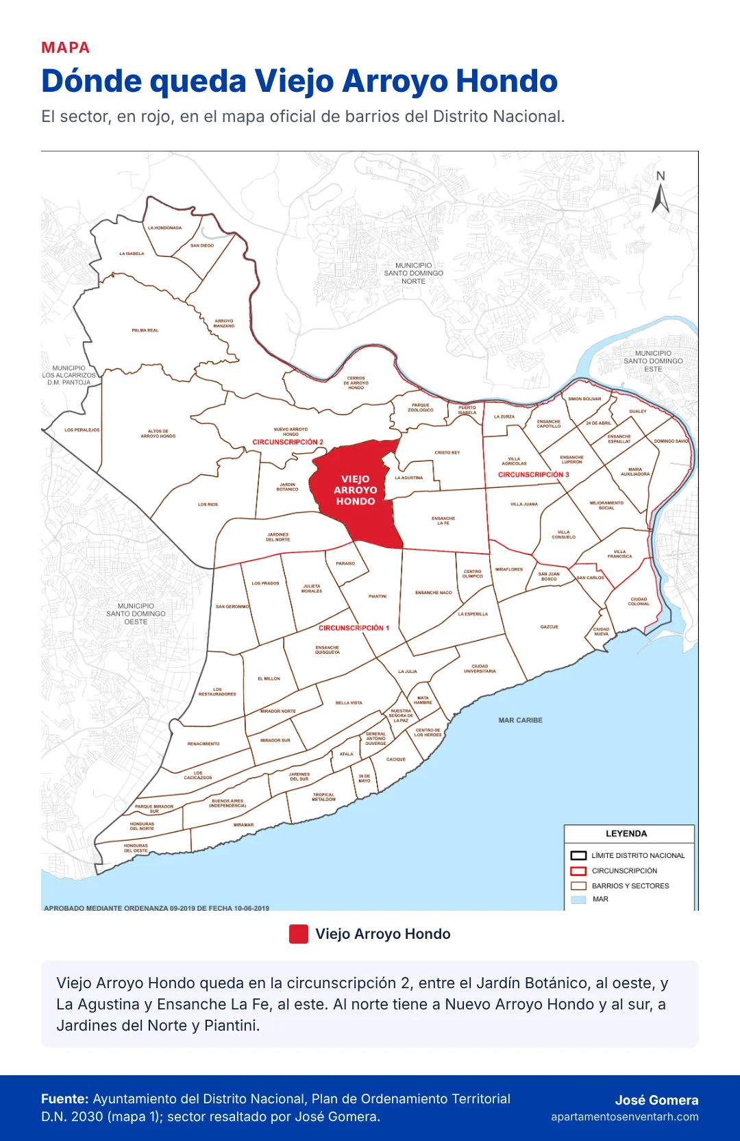 Mapa del Distrito Nacional con el sector Viejo Arroyo Hondo marcado en rojo