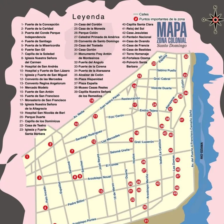 Mapa de la Zona Colonial de Santo Domingo con sus calles y 49 puntos importantes numerados, entre ellos la Catedral Primada, el Alcázar de Colón y la Fortaleza Ozama