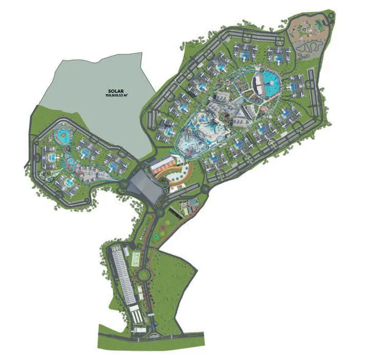Master plan de Cruise On Land Punta Cana con los condohoteles, el parque temático y la zona del World Trade Center Punta Cana